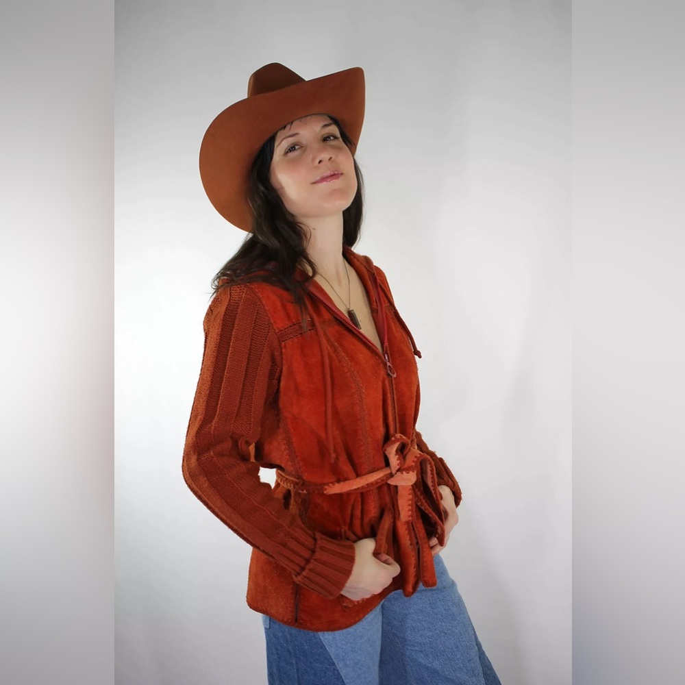 Vintage 1970s Terracotta Leather Suede Knit Crochet Hooded  Jacket Coat, Grunge - Picture 4 of 14